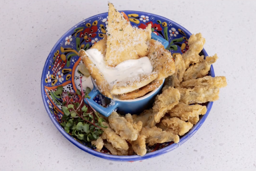 Featured image for “Fried Smelt with Lemon Herb Aioli and Garlic Naan Chips”
